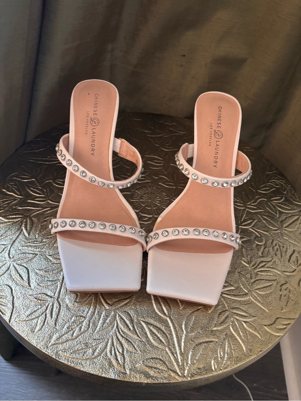 Chinese Laundry Light Blush Crystal Double-Strap Block Heel Sandals